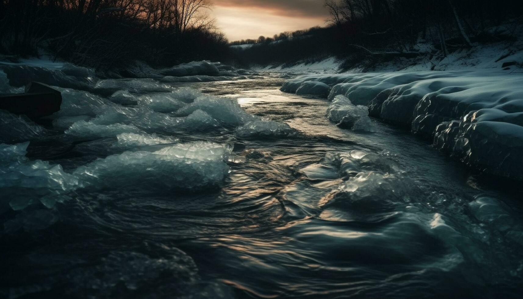 gefroren Berg Angebot spiegelt still Winter Sonnenuntergang generiert durch ai foto