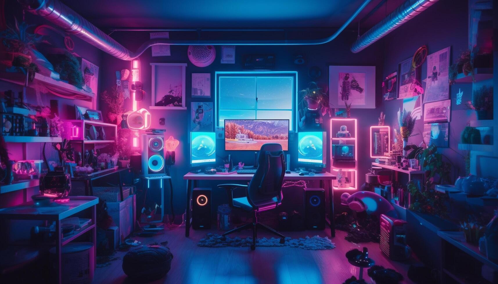 futuristisch Büro beleuchtet durch Blau Beleuchtung Ausrüstung beim Nacht generiert durch ai foto