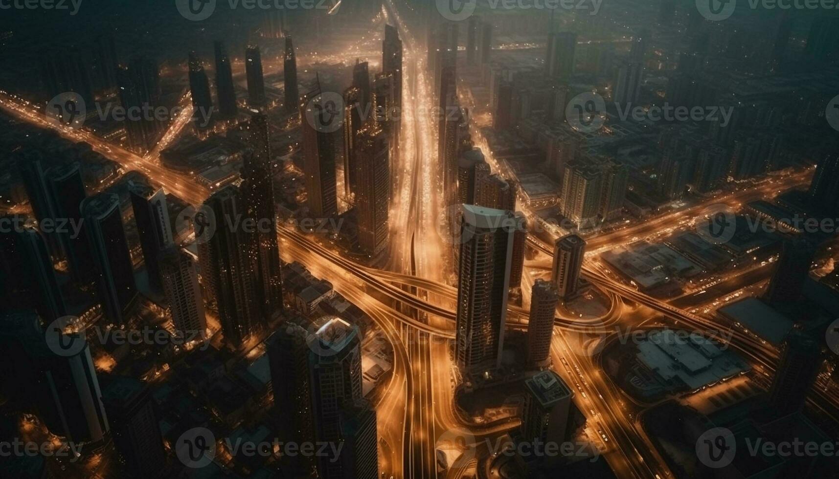 beleuchtet Wolkenkratzer Licht oben Dubai futuristisch Horizont generiert durch ai foto