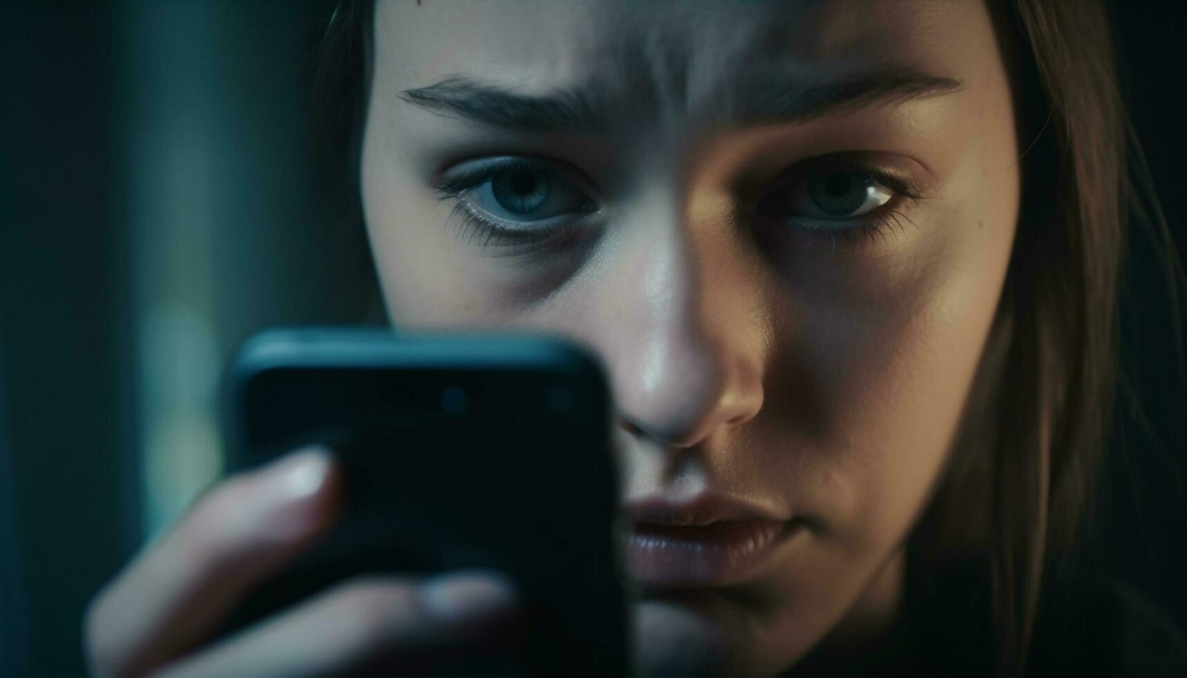schön jung Frau mit Smartphone drinnen, Text Nachrichtenübermittlung generiert durch ai foto