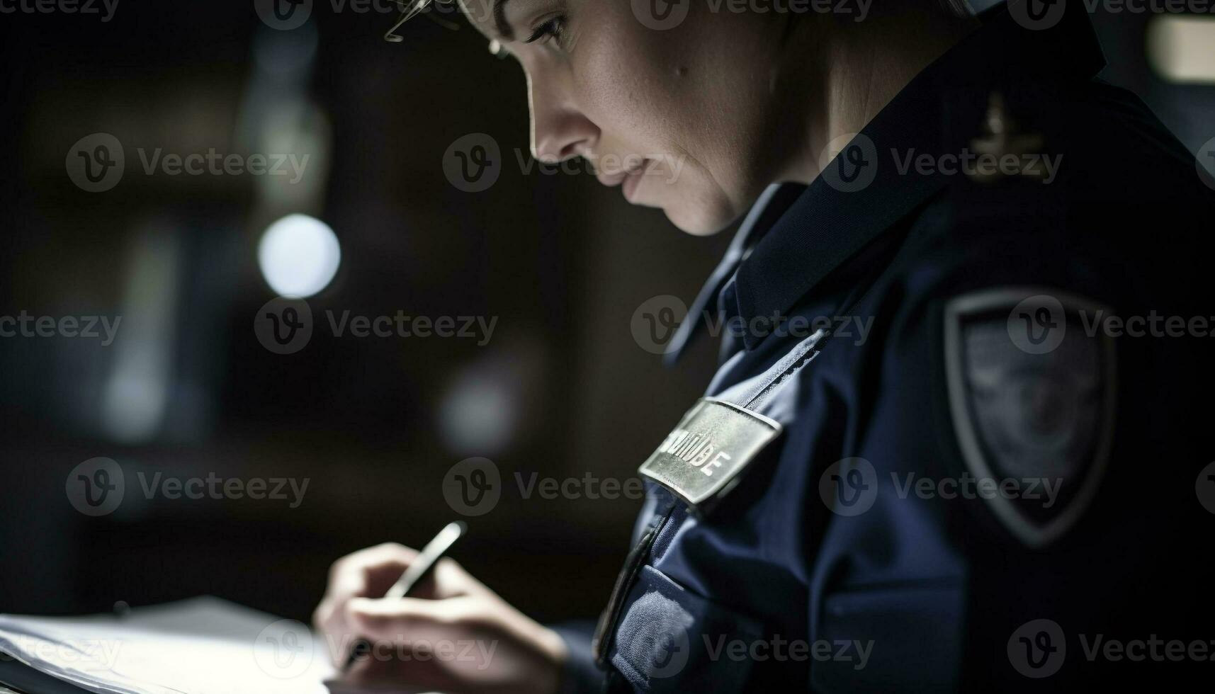 Polizei Offizier fokussiert auf dokumentieren, Anzeigen Sachverstand generiert durch ai foto