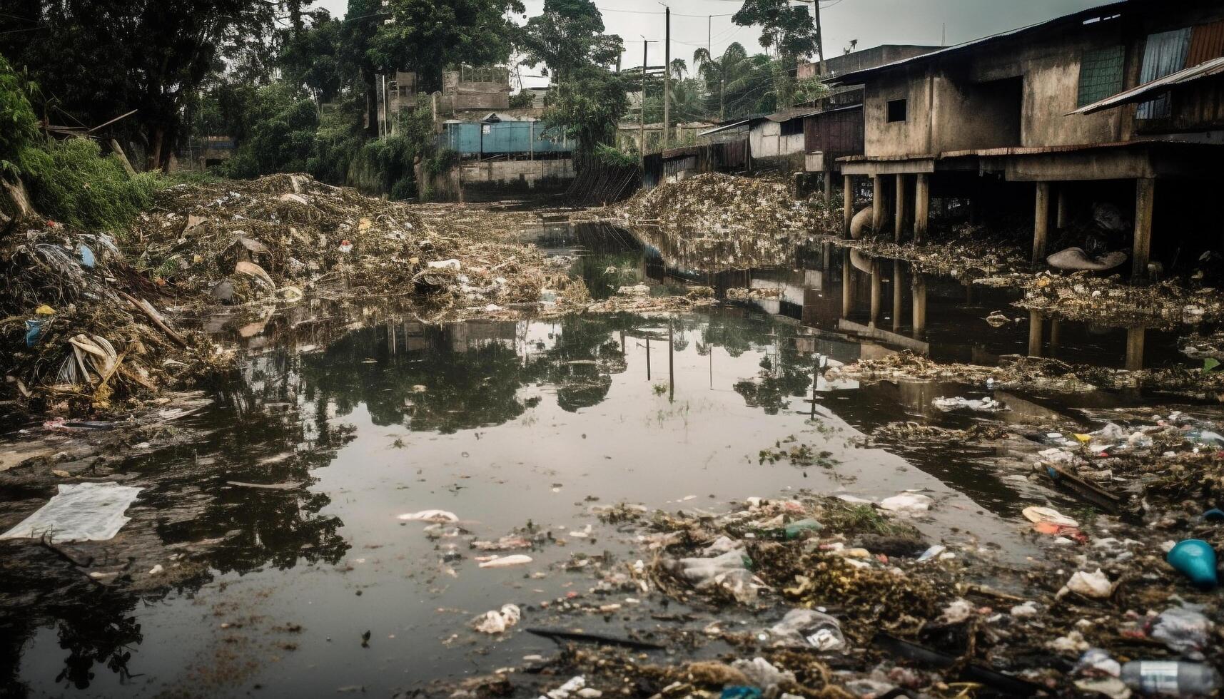 nass Betrachtung auf schmutzig Wasser, Umwelt Beschädigung generiert durch ai foto