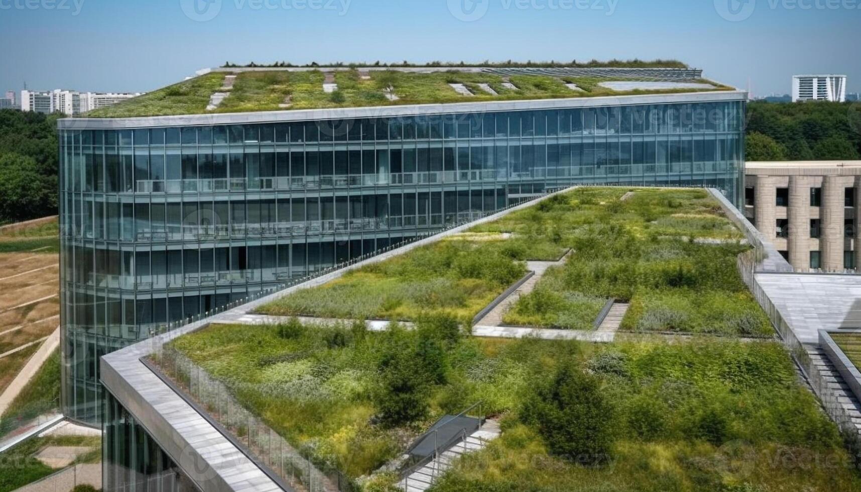 futuristisch Stahl Wolkenkratzer mit Glas Fassade mit Blick auf Stadt generiert durch ai foto