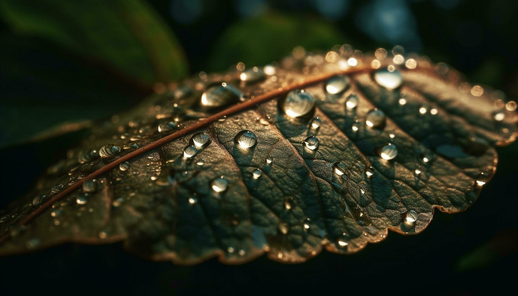 frisch Grün Blatt mit Tau fallen schließen oben generiert durch ai foto