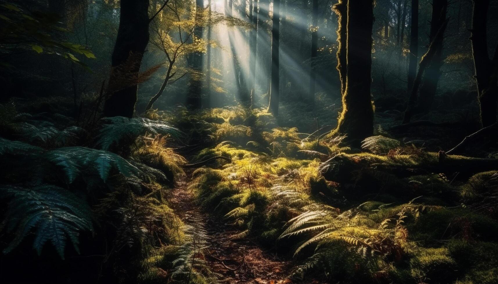 mysteriös Wald, Herbst Blätter, still Schönheit regiert generiert durch ai foto