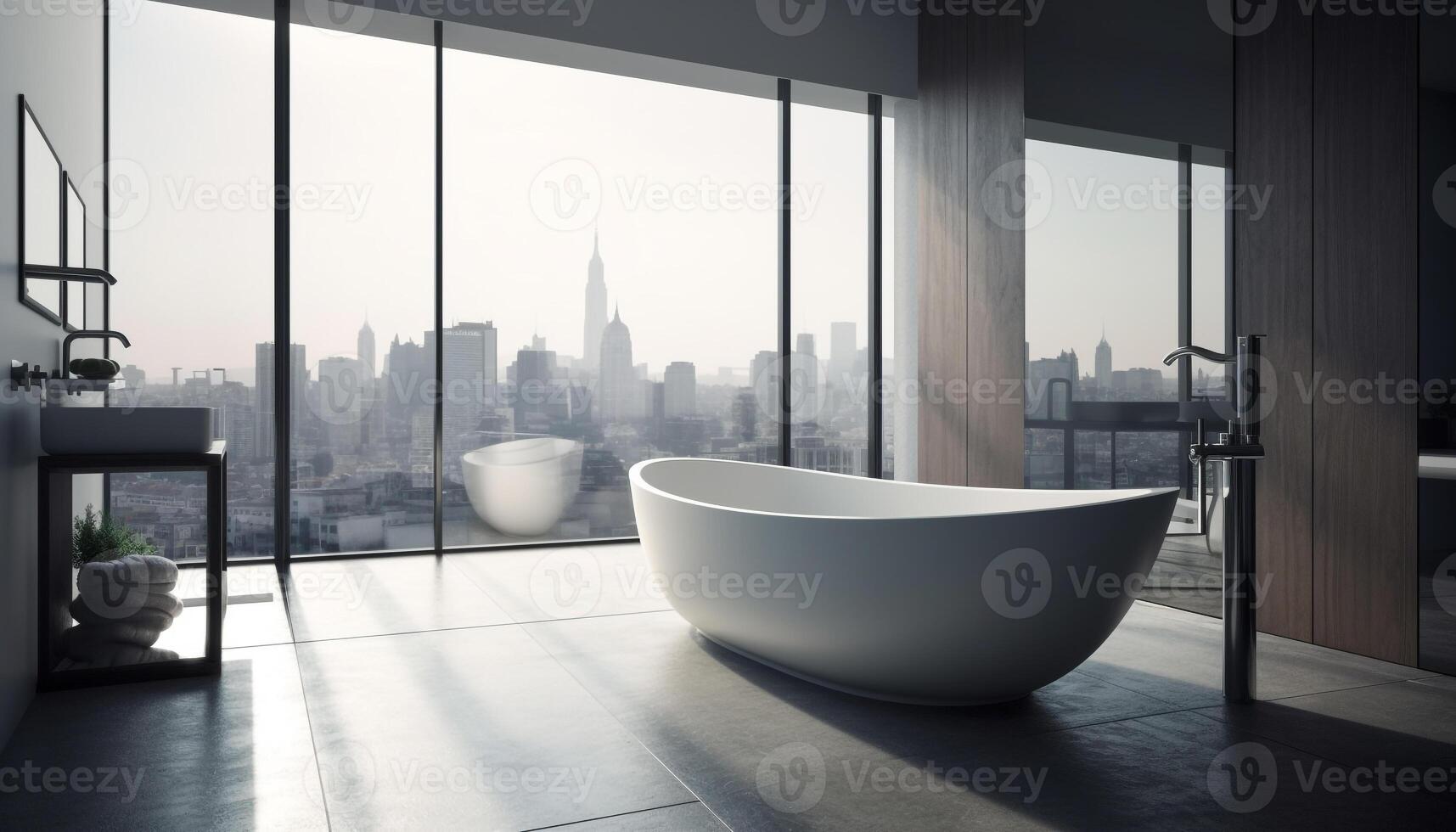 modern Luxus Wohnung mit Panorama- Stadtbild Aussicht und elegant Design generiert durch ai foto