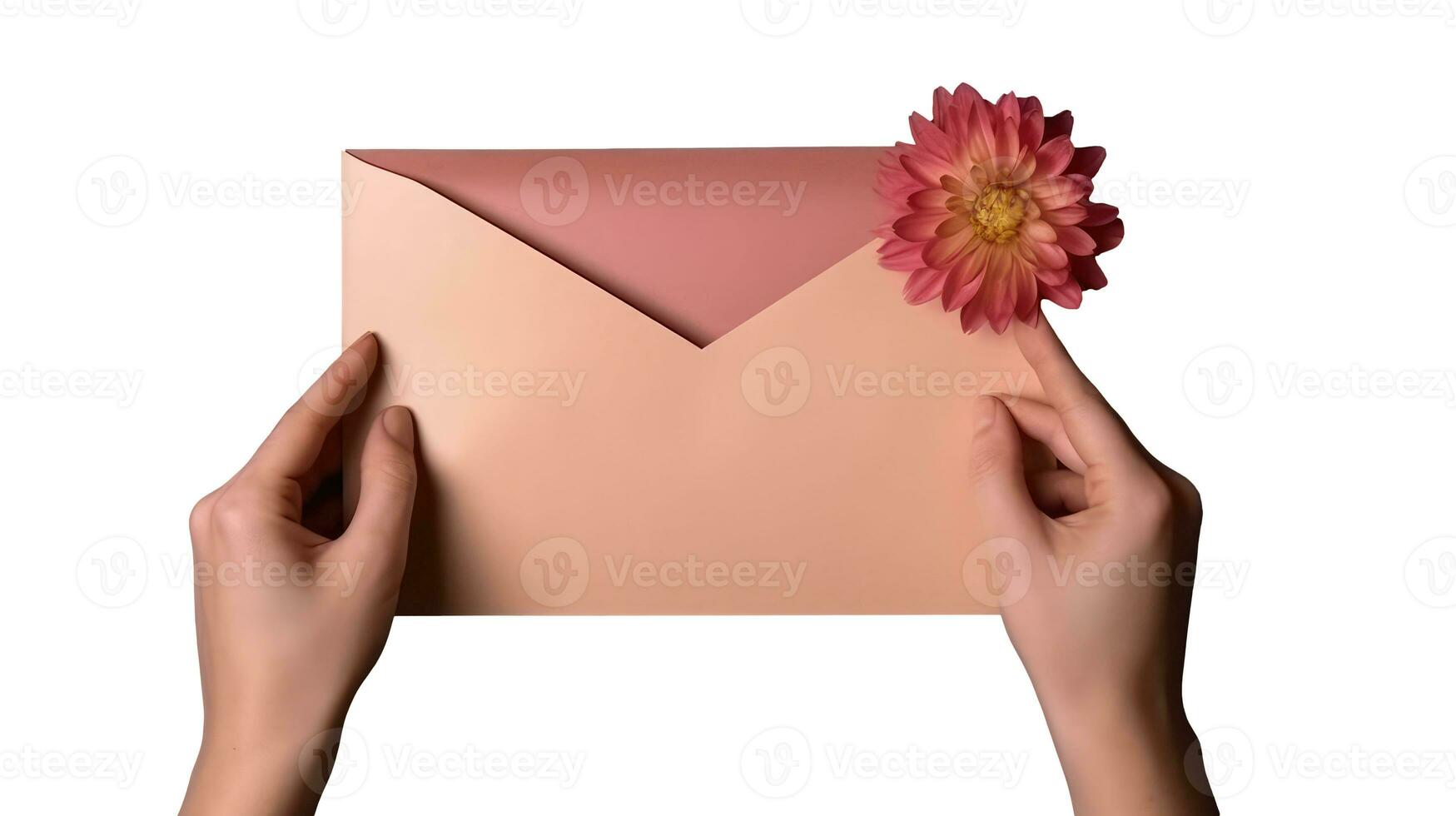 Fotografie von Mensch Hand halten Briefumschlag und Blume. foto