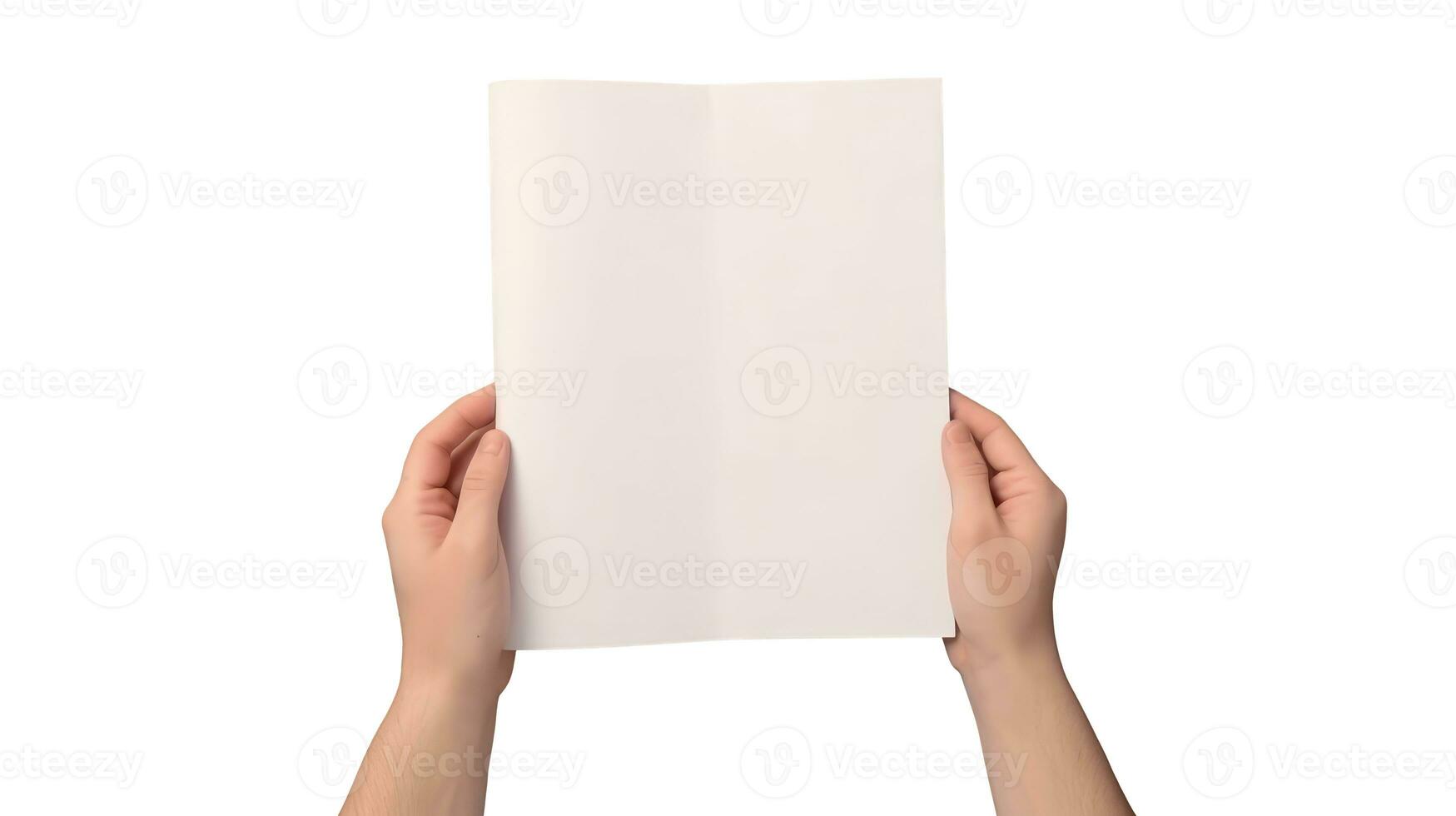 oben Aussicht von Mensch Hand halten leer Papier auf Weiß Hintergrund. foto