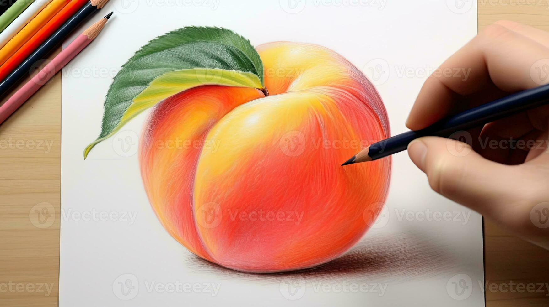 3d Kunst präsentieren Bild von Hand Zeichnung realistisch Pfirsich mit Bleistift. generativ ai. foto