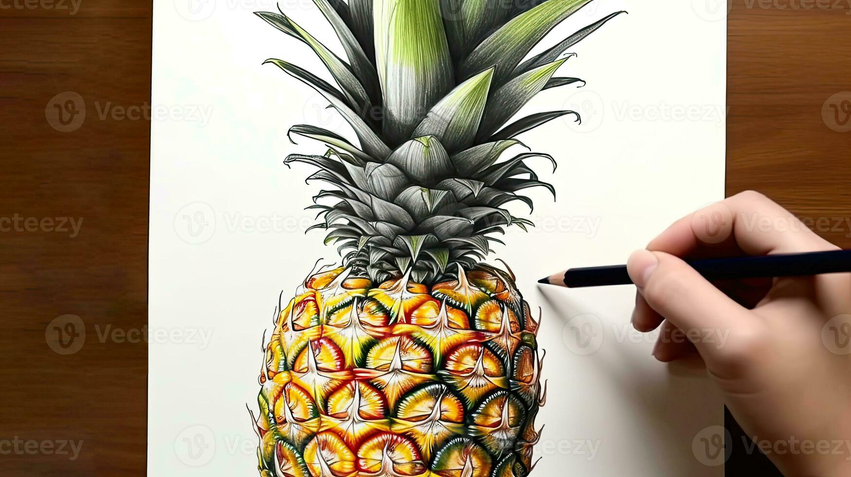 3d Kunst präsentieren Bild von Hand Zeichnung realistisch Ananas mit Bleistift. generativ ai. foto