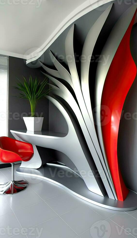modern Design architektonisch Innere mit rot Stuhl und Pflanze Topf auf Schreibtisch. generativ ai Technologie. foto