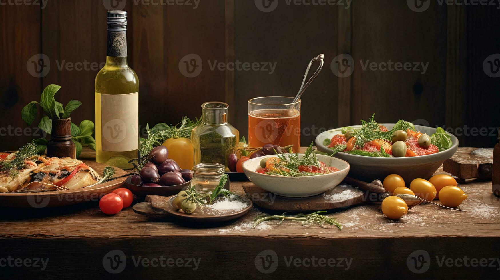 Bankett einstellen von köstlich Mittelmeer Essen mit Getränke zum Feier. generativ ai. foto