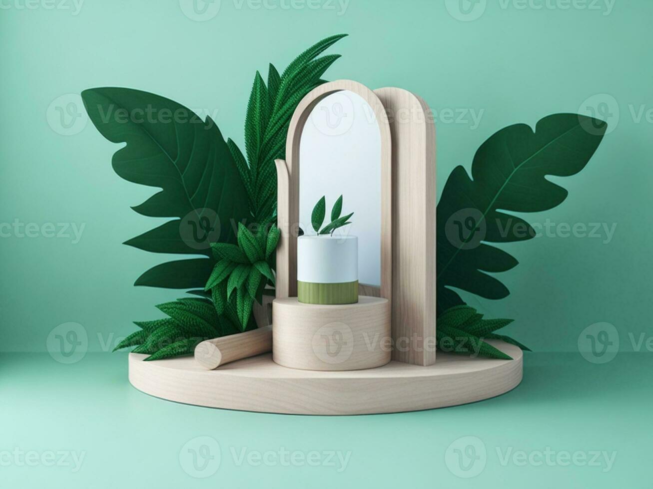 Kosmetika Produkt Werbung Stand Ausstellung hölzern Podium mit Blätter, 3d Rendern foto