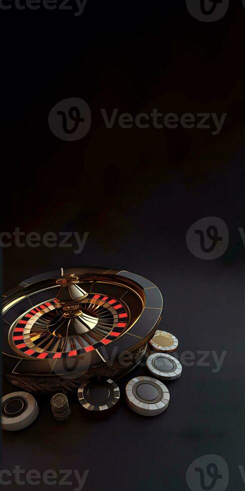 Nahansicht von Roulette Rad und Kasino Zeichen oder Poker Chips gegen dunkel Hintergrund. Kasino Glücksspiel Konzept. generativ ai. foto