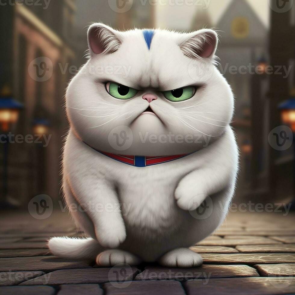 Karikatur Fett Katze Illustration. wütend Straße Katze auf ein verschwommen Hintergrund. generativ ai foto