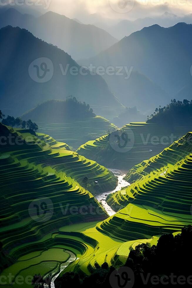 das Sonne steigt an Über ein Hang mit grasig Felder und ein Bereich mit ein hügel. ai generativ foto