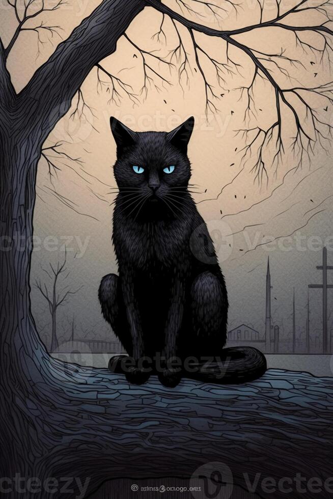 ein schwarz Katze Sitzung auf ein Baum. ai generativ foto