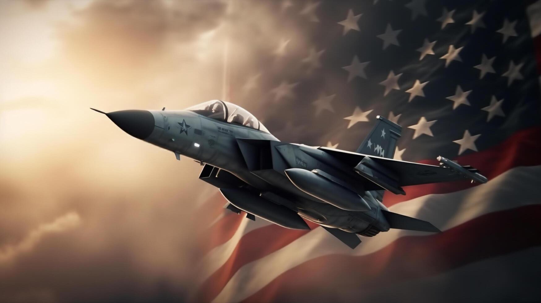 ai generativ Militär- Flugzeug fliegend zu das dunkel Himmel mit USA Flagge foto