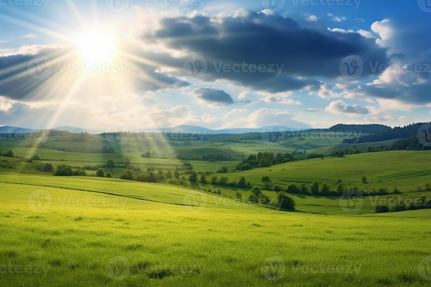 das Sonne steigt an Über ein Hang mit grasig Felder und ein Bereich mit ein hügel. ai generativ foto