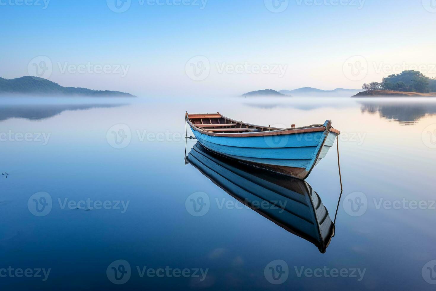 klein Boot auf ein Ruhe See, Landschaft Fotografie. ai generativ foto