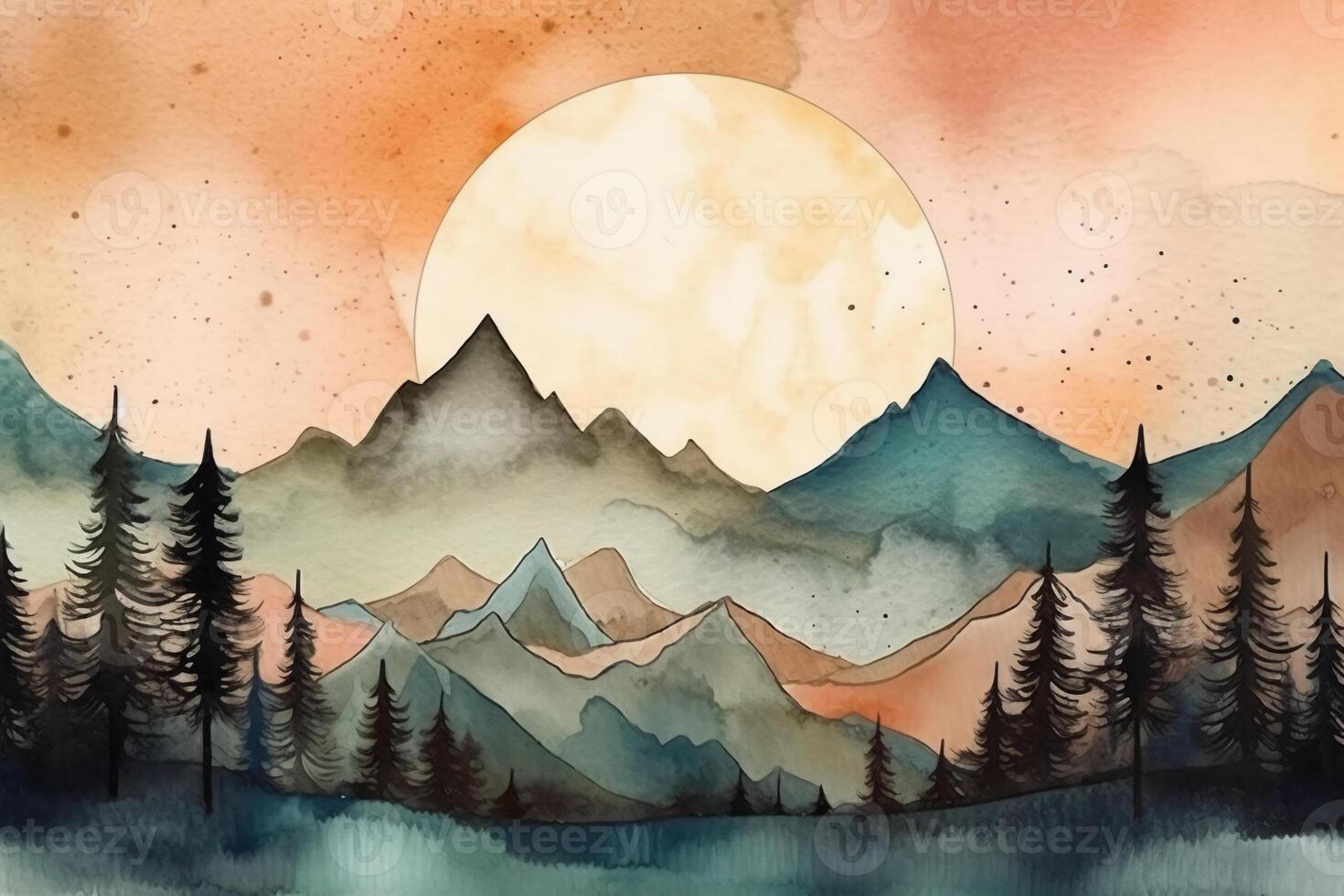 Aquarell Boho Stil Berg Landschaft, minimalistisch, Jahrgang mit stumm geschaltet Farben. ai generativ foto