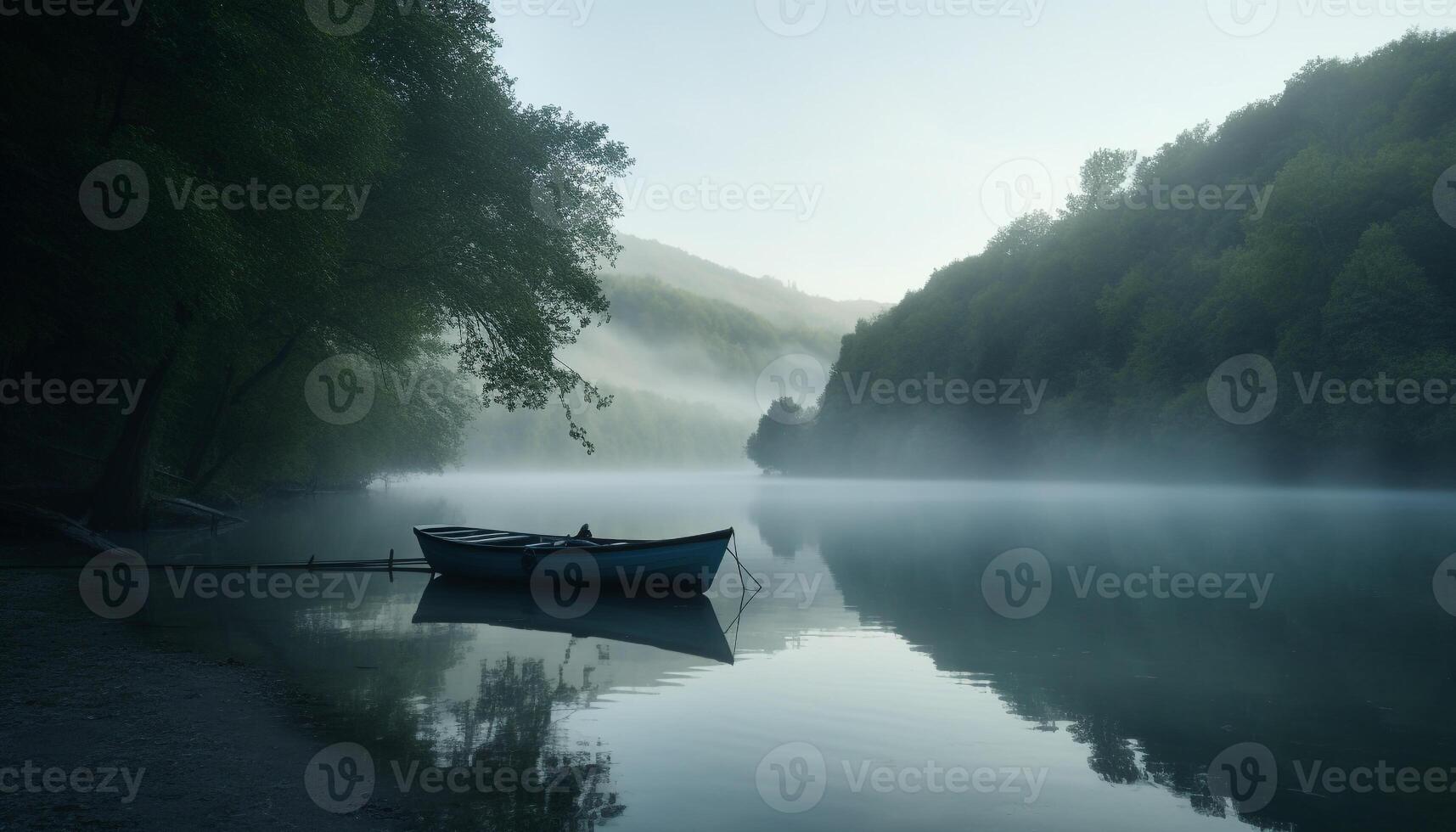 Leise Ruderboot gleitet durch nebelig Herbst Landschaft generiert durch ai foto