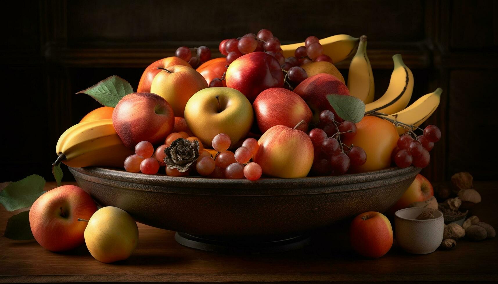 rustikal Obst Schüssel Dekoration, gesund Sommer- Snack generiert durch ai foto