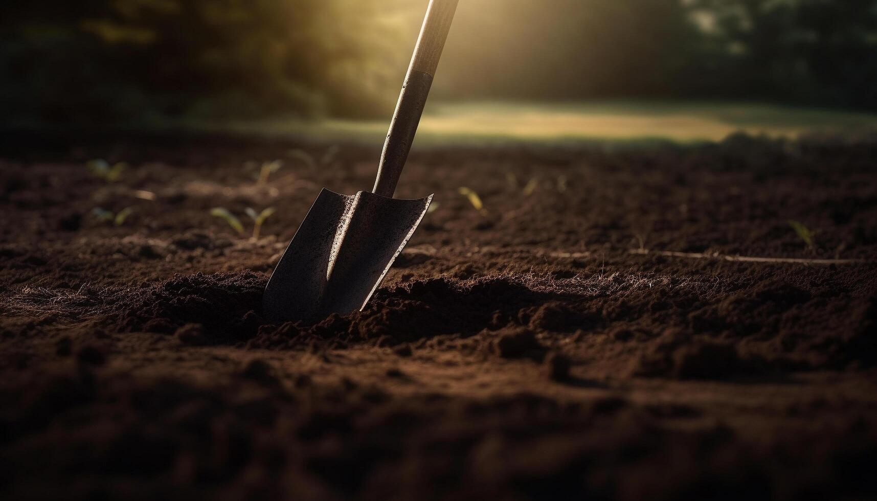 graben mit Gartenarbeit Ausrüstung, Pflanzen frisch Sämlinge generiert durch ai foto