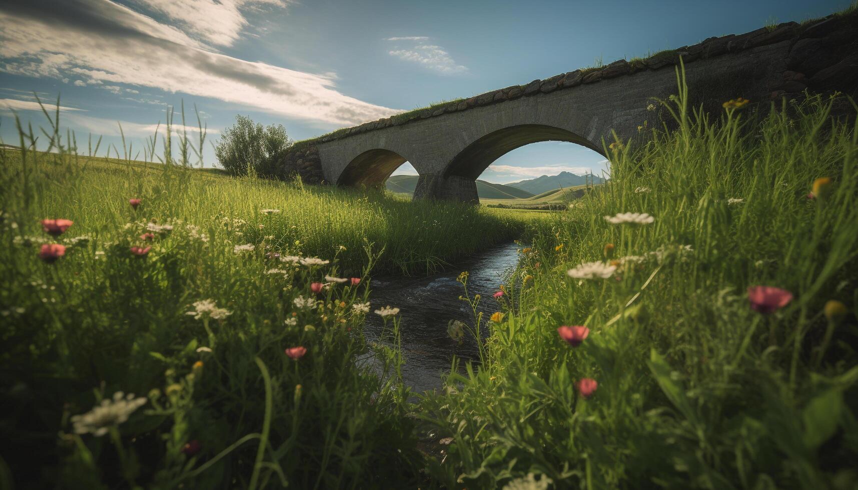 still Wiese spiegelt idyllisch Schönheit im Natur generiert durch ai foto