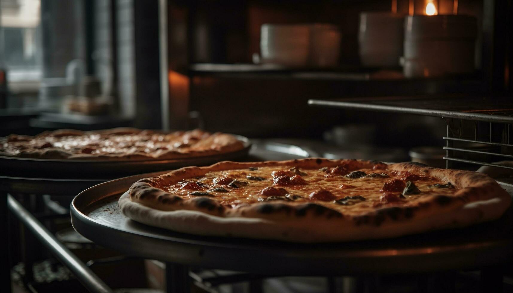 frisch gebacken Gourmet Pizza auf rustikal Teller generiert durch ai foto
