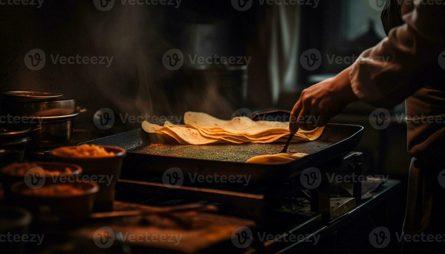 Koch Hand Kunsthandwerk rustikal Brot auf Herd generiert durch ai foto