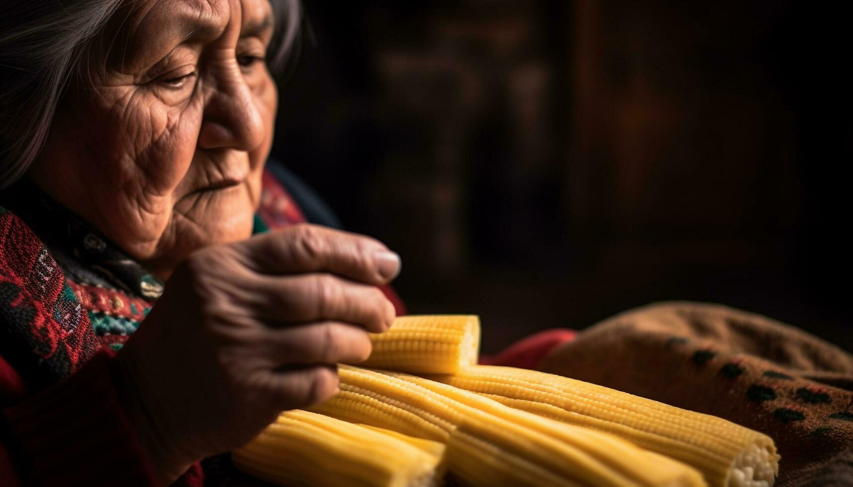 lächelnd Senior Frau strickt, Köche hausgemacht Pasta generiert durch ai foto