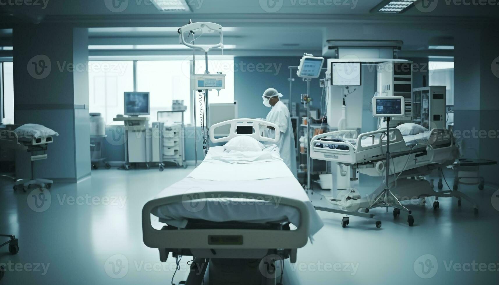 modern Krankenhaus Station mit beleuchtet Ausrüstung und futuristisch Technologie generiert durch ai foto