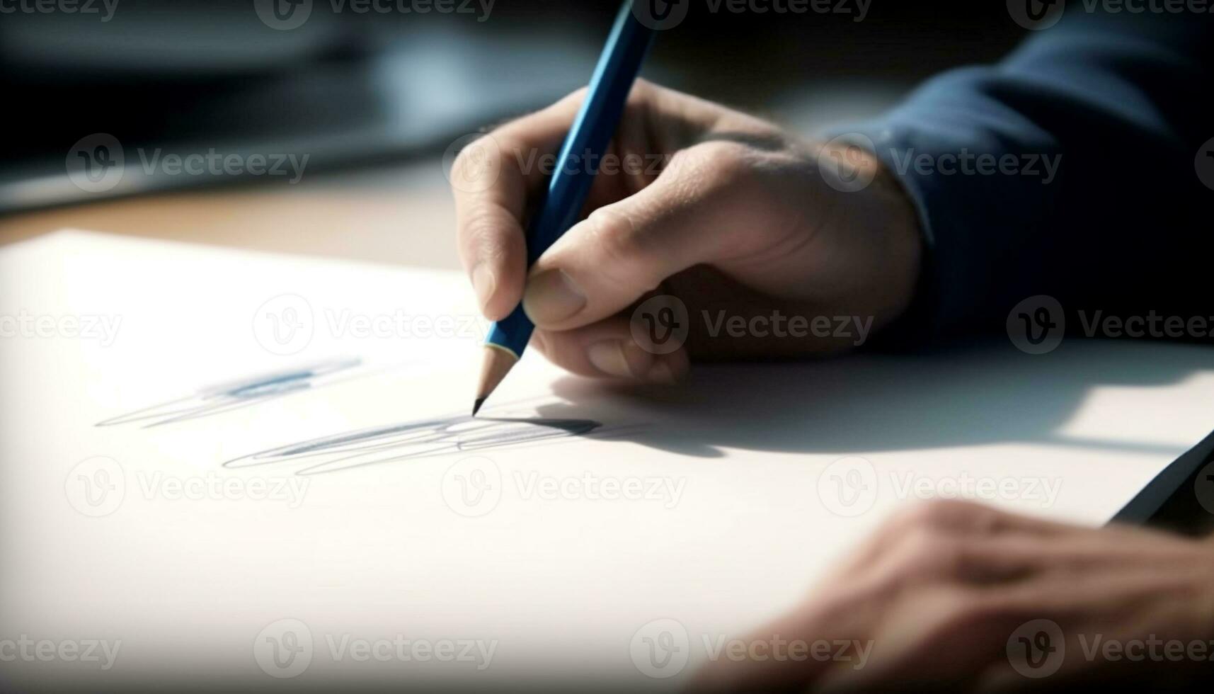 kreativ Kind Zeichnung Blau skizzieren auf Schreibtisch mit Bleistift drinnen generiert durch ai foto