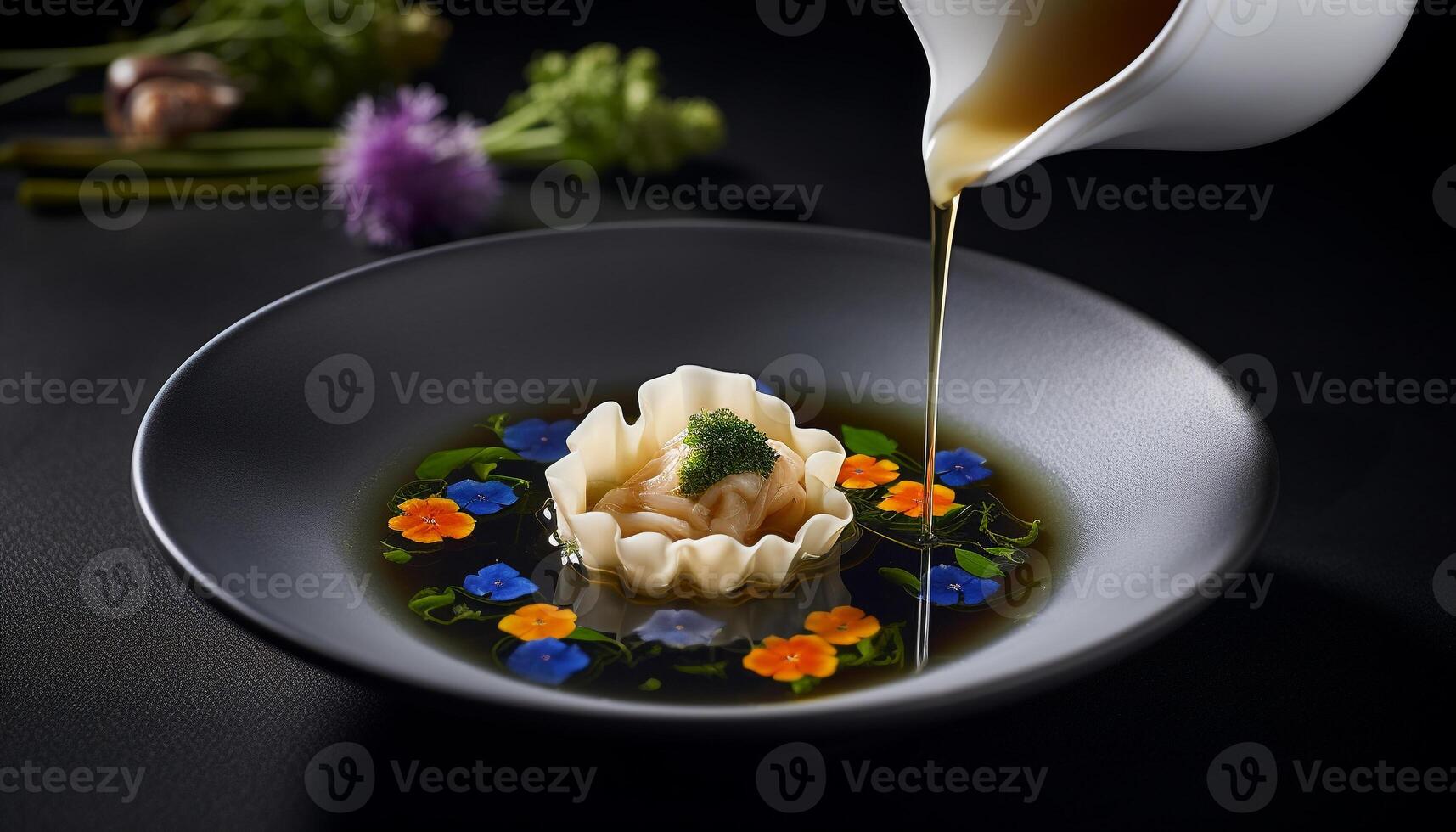 frisch Gourmet Mahlzeit auf Teller mit hausgemacht gebacken Dessert Scheibe generiert durch ai foto