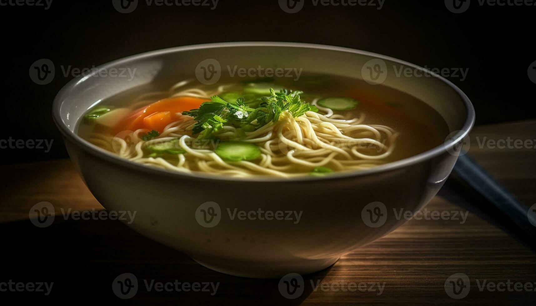 Vordergrund Fokus auf hausgemacht Nudel Suppe mit Schweinefleisch und Gemüse generiert durch ai foto