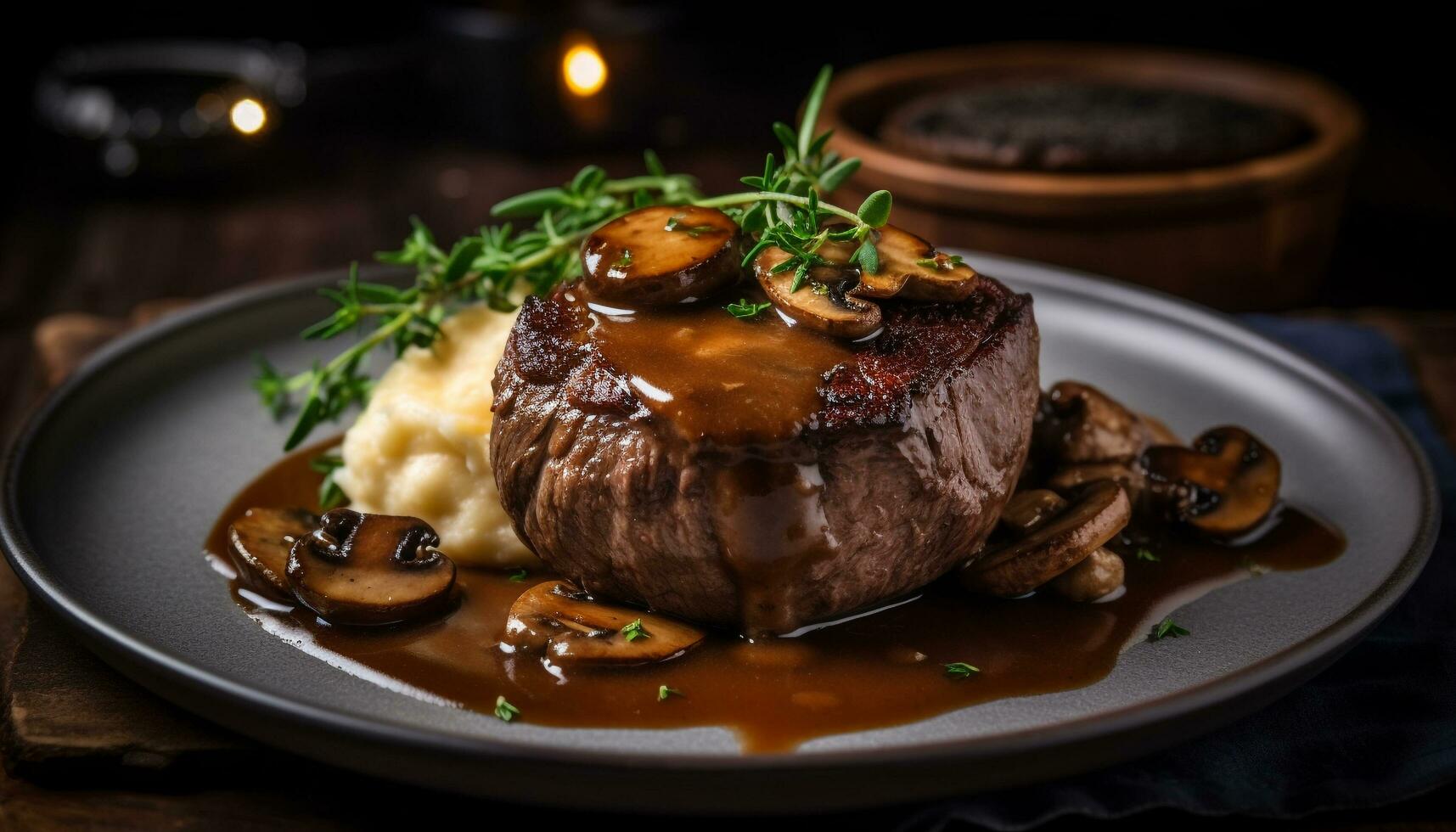gegrillt Lendenstück Steak mit Pilz und Gemüse Platte, bereit zu Essen generiert durch ai foto
