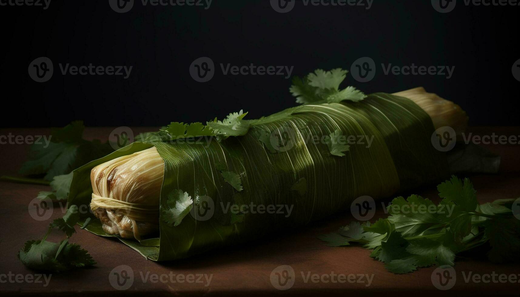 frisch Vegetarier Mahlzeit eingewickelt im Grün Blätter mit Koriander und Petersilie generiert durch ai foto