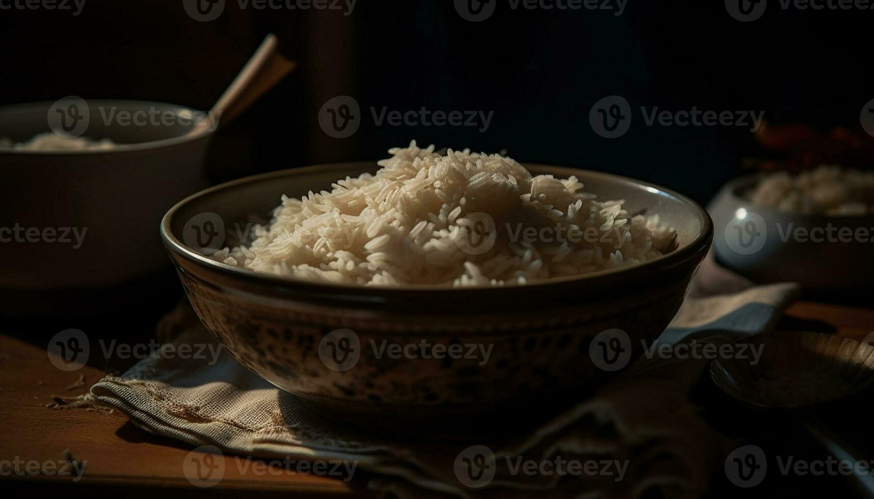 organisch Basmati Reis im hölzern Schüssel, ein gesund Mahlzeit Klammer generiert durch ai foto