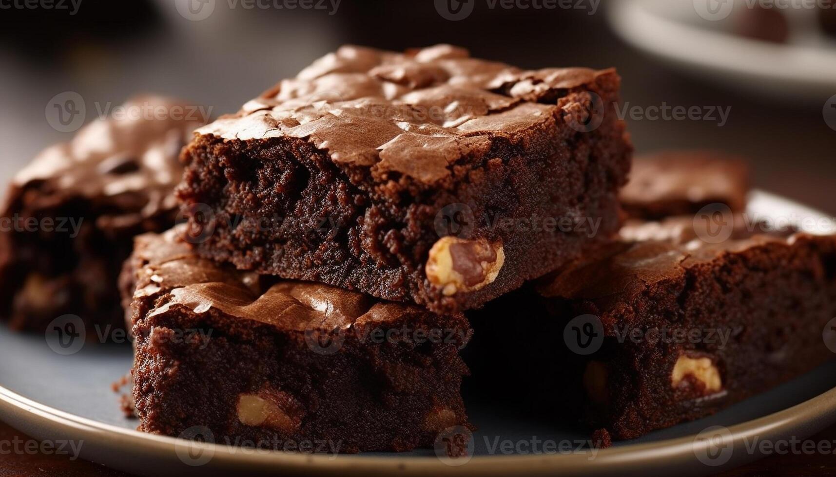 nachsichtig hausgemacht Schokolade Brownie Scheibe auf rustikal hölzern Teller generiert durch ai foto