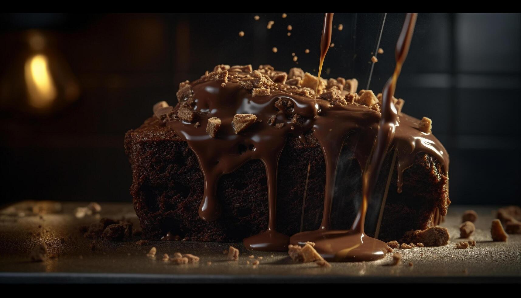 nachsichtig hausgemacht Schokolade Fudge Kuchen mit Haselnuss Glasur und Soße generiert durch ai foto