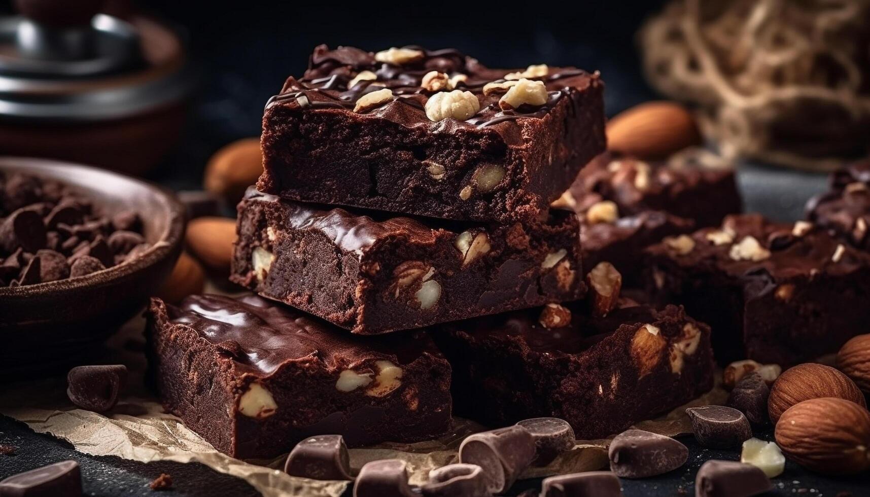 nachsichtig dunkel Schokolade Dessert auf rustikal hölzern Tisch, unwiderstehlich Versuchung generiert durch ai foto