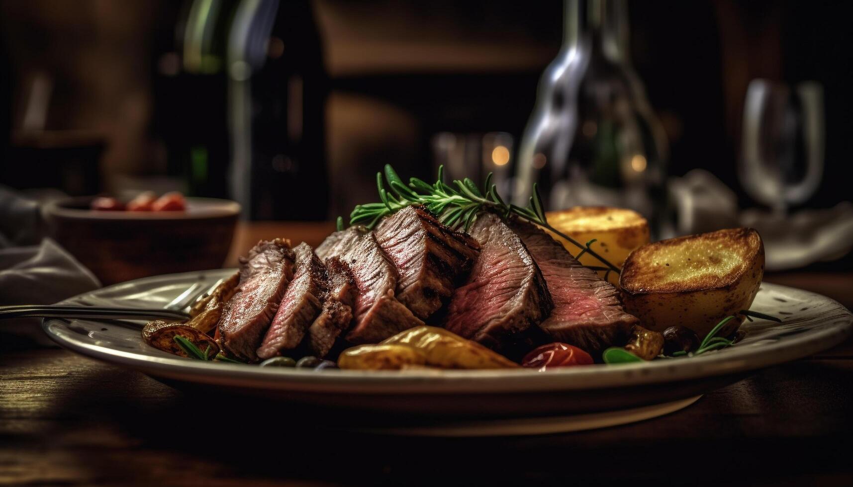 gegrillt Lendenstück Steak auf rustikal Holz Platte, bereit zu Essen mit würzen generiert durch ai foto