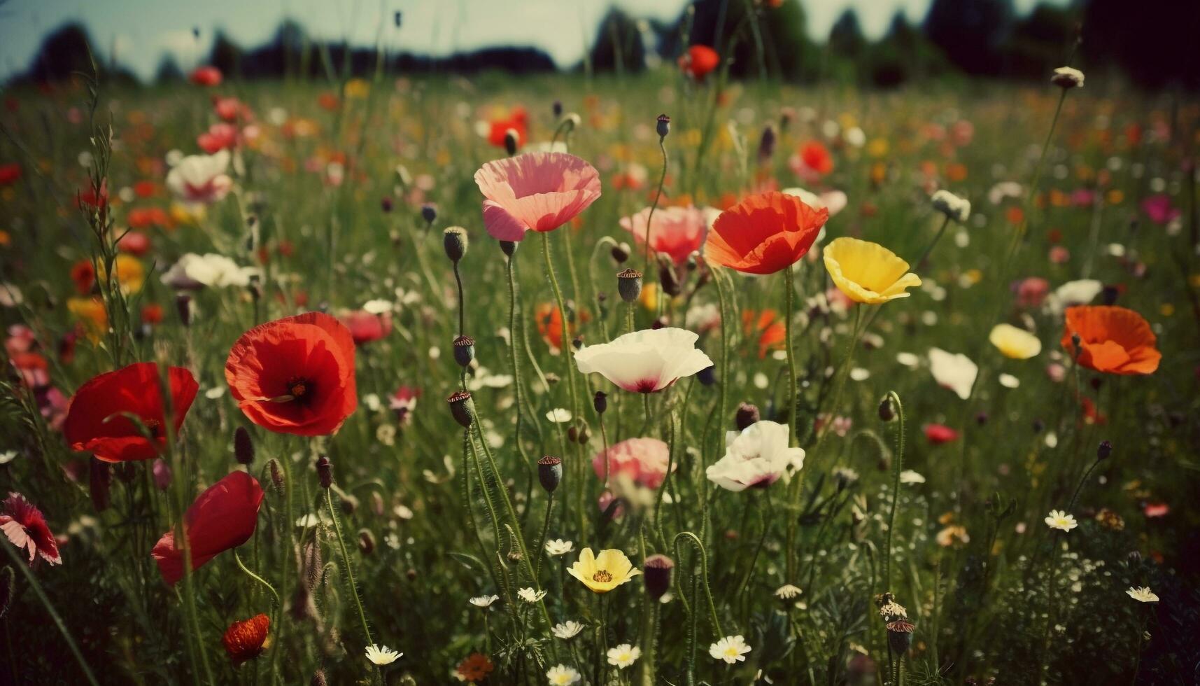 beschwingt Wildblumen blühen im still Wiese unter Sommer- Sonnenlicht generiert durch ai foto