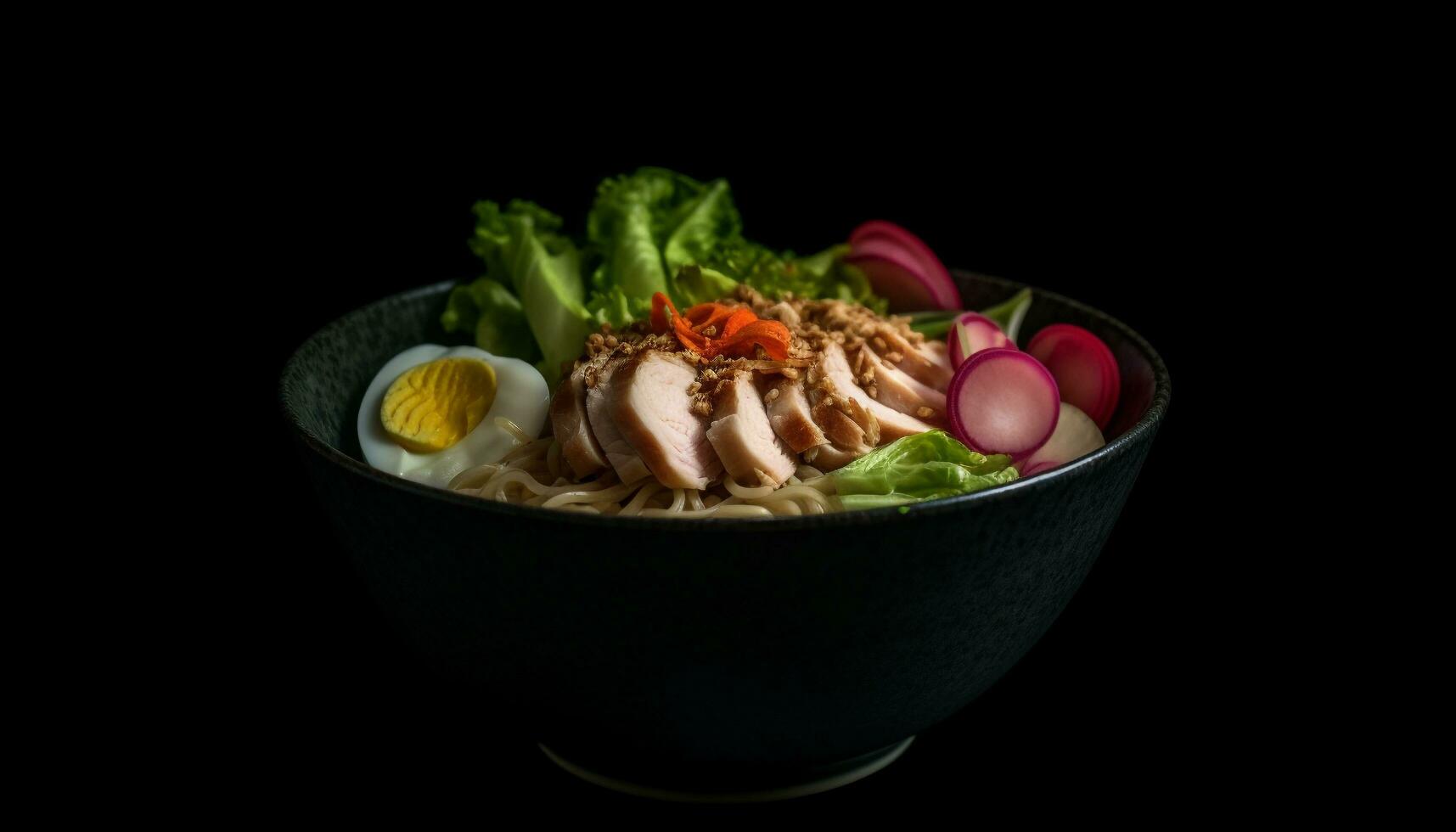 frisch Gourmet Mahlzeit Schweinefleisch und Gemüse Schüssel mit gesund Salat generiert durch ai foto