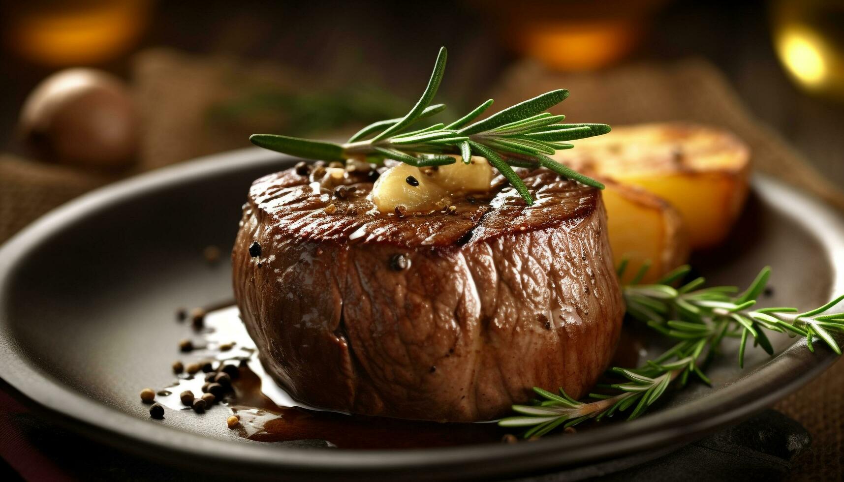 saftig Filet Steak gegrillt zu Perfektion mit rustikal Gemüse und Kräuter generiert durch ai foto