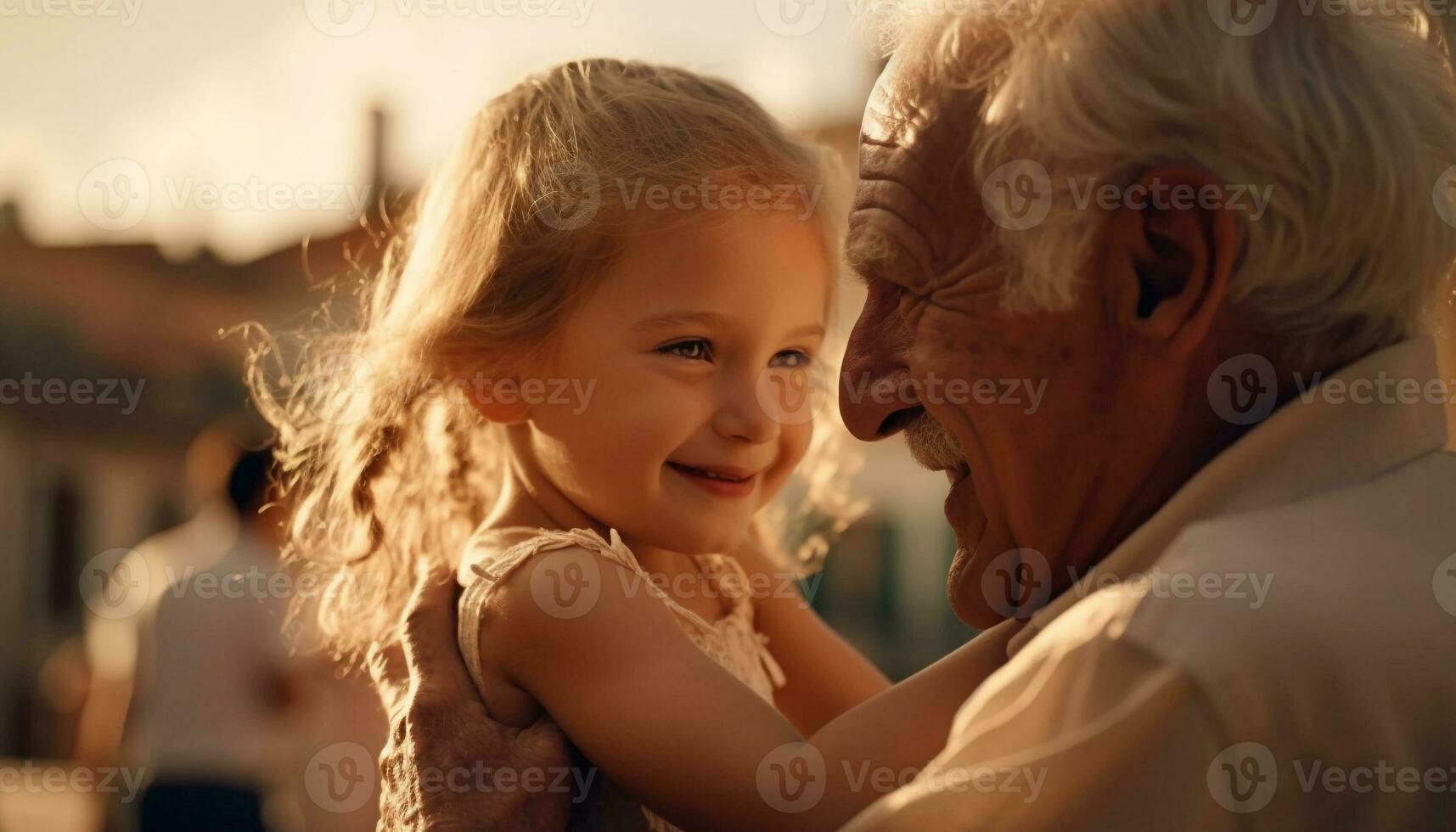 multi Generation Familie Umarmen Natur, genießen Sonnenuntergang, halten Glück zusammen generiert durch ai foto