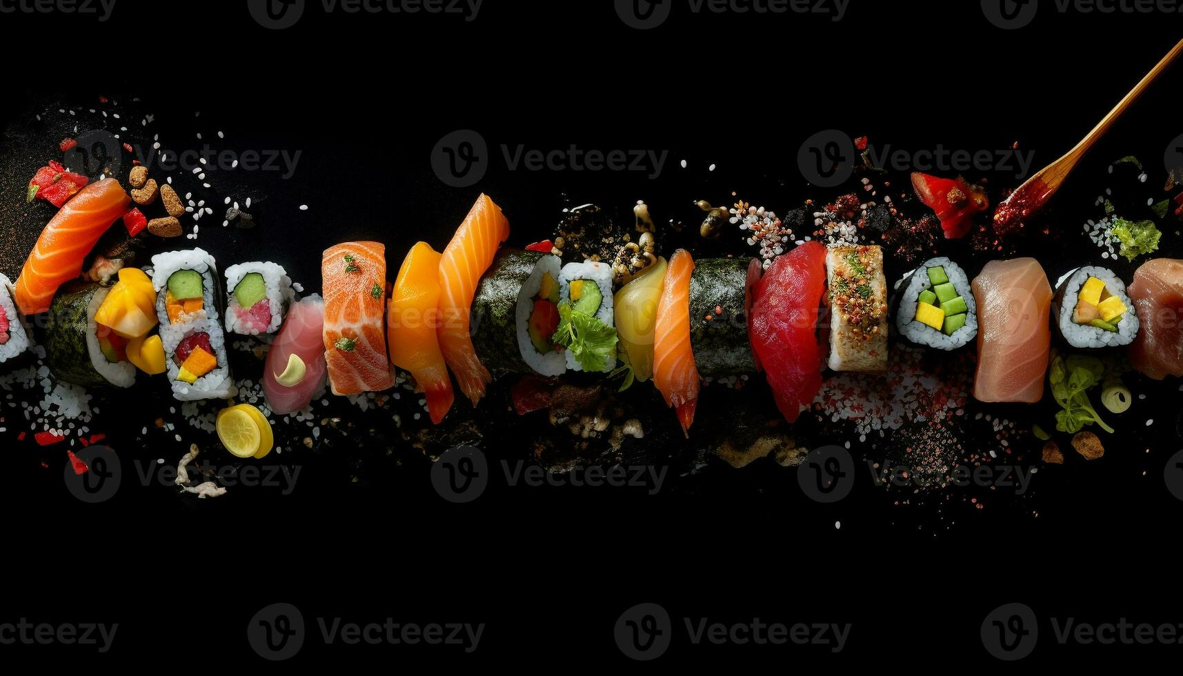 frisch Meeresfrüchte Mahlzeit sashimi, maki Sushi, Nigiri, Garnele, Thunfisch, Aal generiert durch ai foto