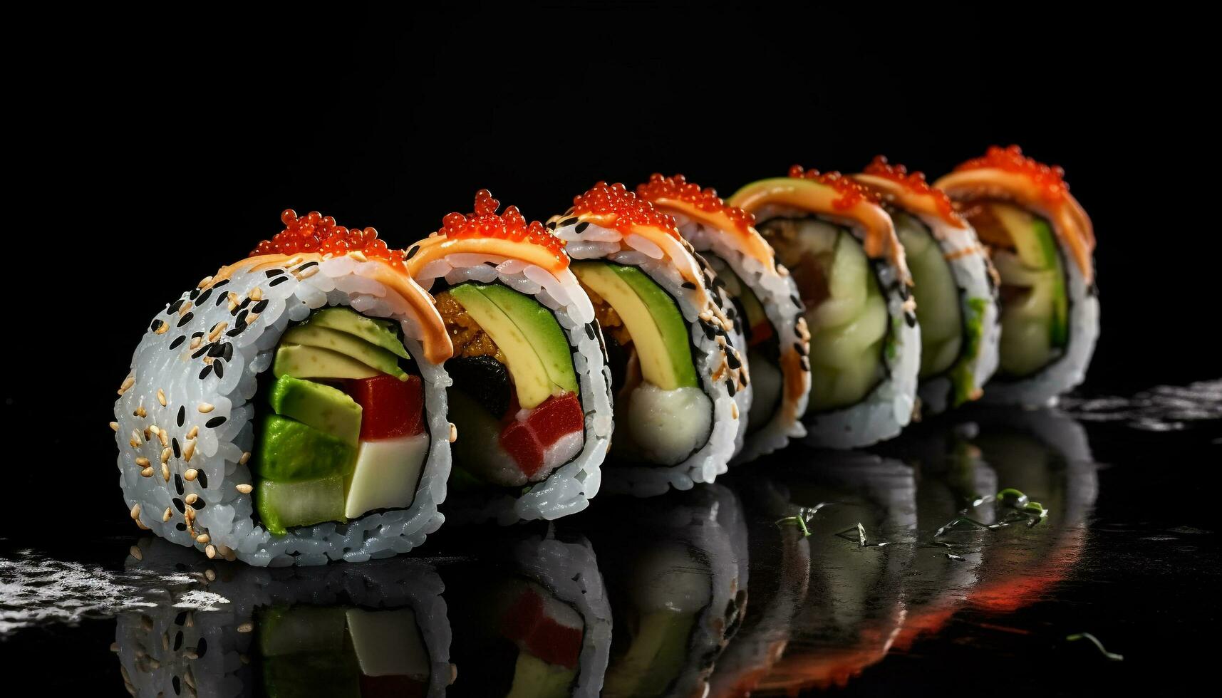 frisch Meeresfrüchte Mahlzeit auf Platte, gerollt oben maki Sushi Vorspeise generiert durch ai foto
