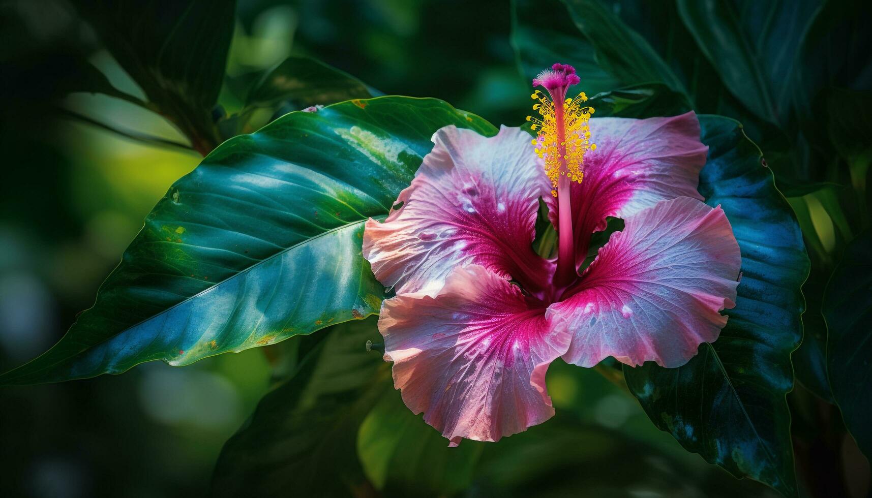 beschwingt Hibiskus blühen im tropisch Regenwald, ein atemberaubend natürlich Dekoration generiert durch ai foto